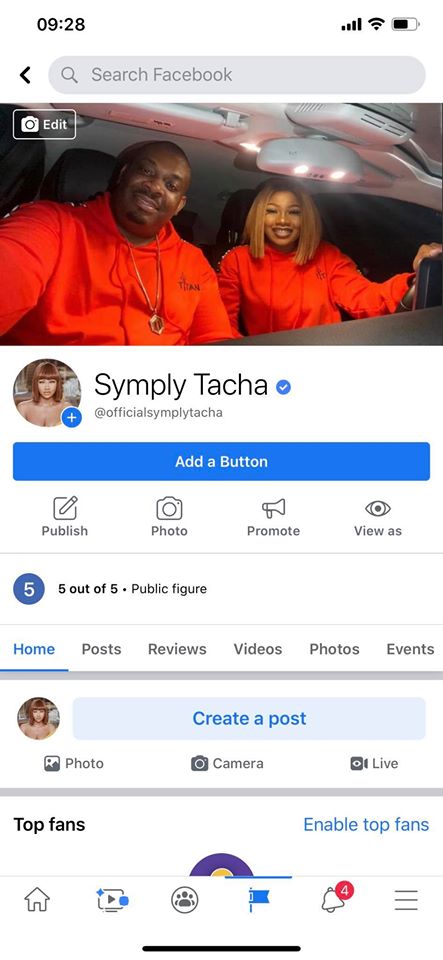 Screenshot: Tacha verified on Facebook