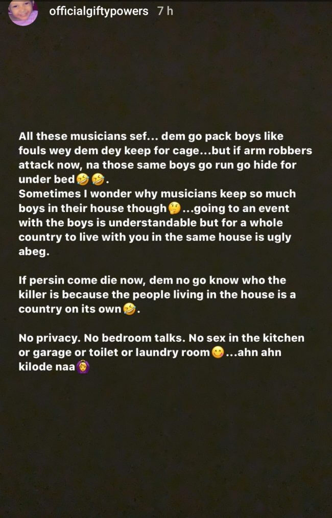 Gifty power indirectly Drags Davido for keeping boys in his house