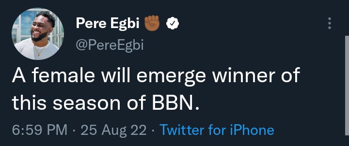 BBNaija: 'A Female Will Win This Year's BBN'– Pere Egbi Declares